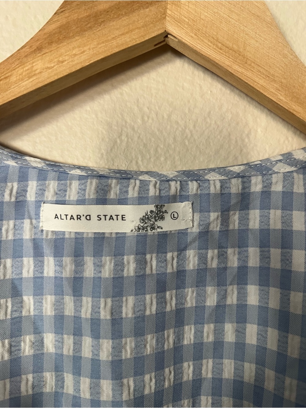 Altar'd State Blue and White Gingham Lace-Trim Puff Sleeve Top - Picture 2 of 4
